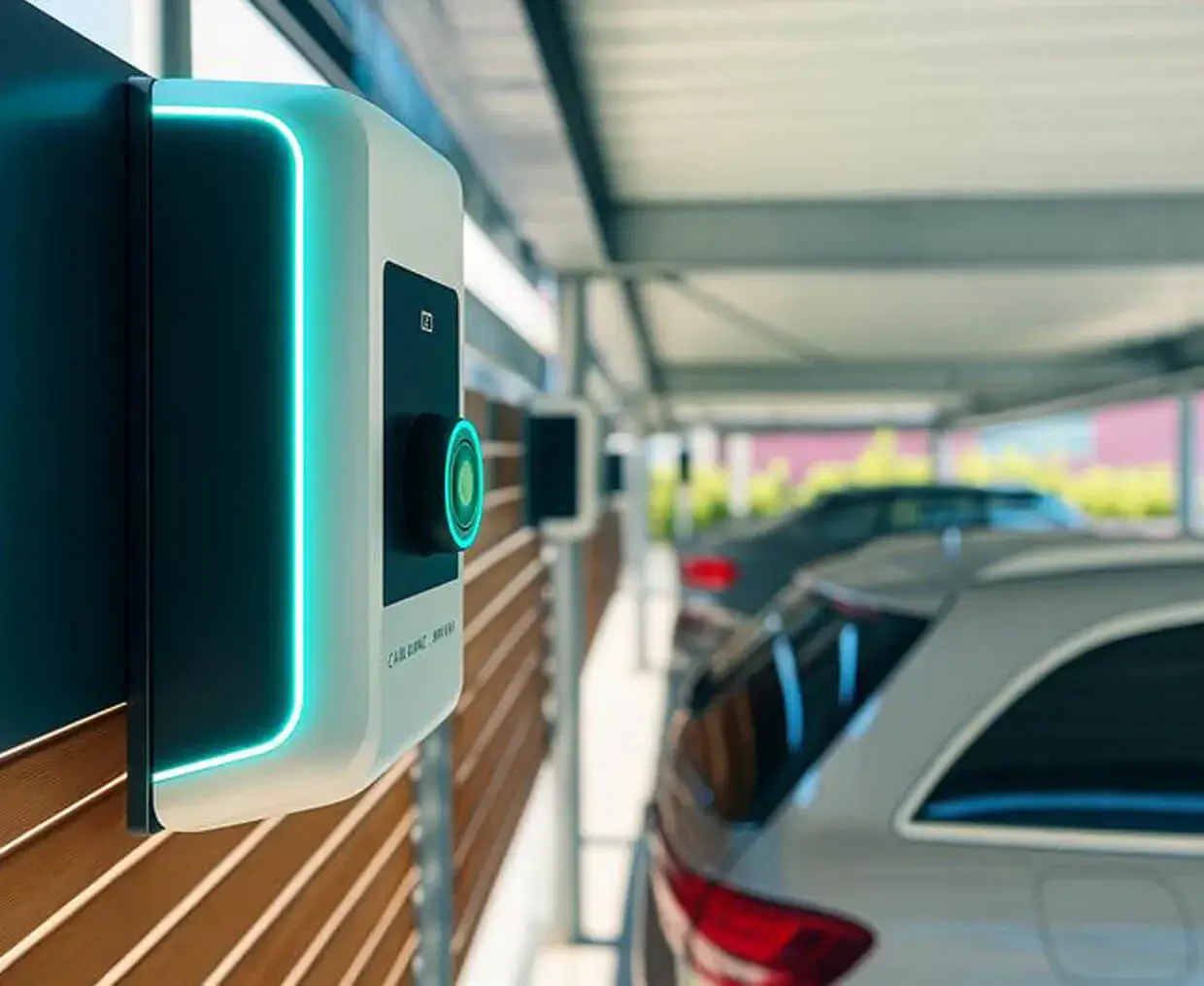 Carport with charging stations and vehicles