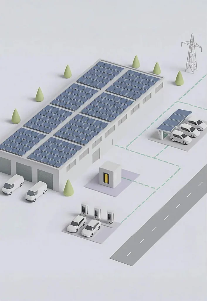 Infografik zeigt Gewerbe-Photovoltaik mit Energiekonzept