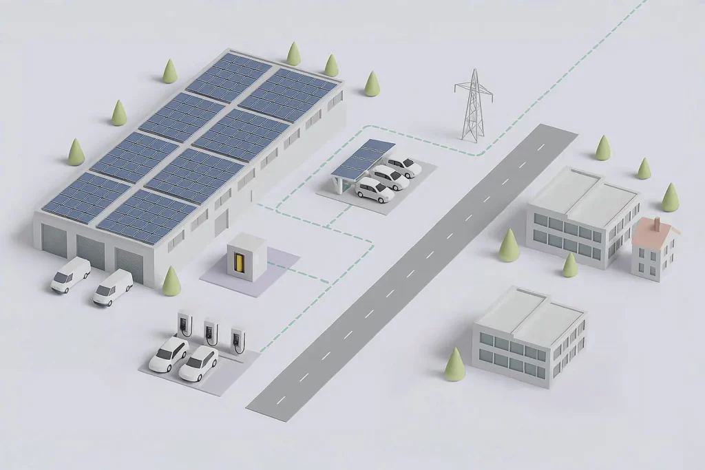 Infografik zeigt Gewerbe-Photovoltaik mit Energiekonzept