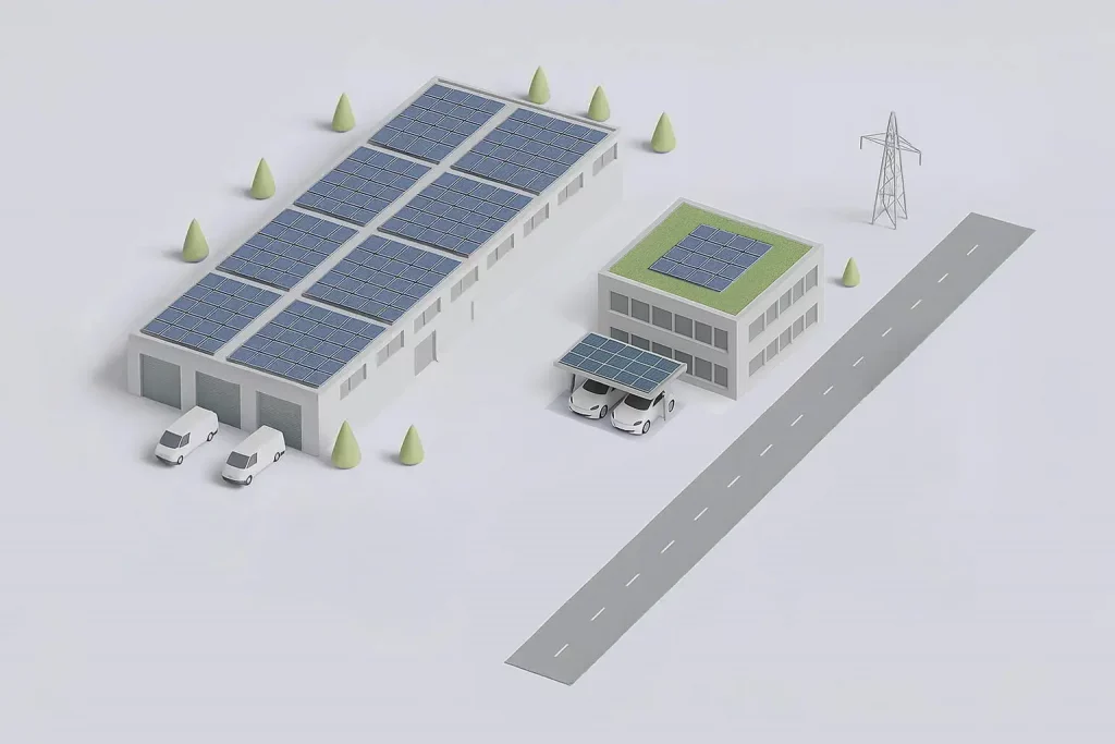 Vereinfachte Darstellung einer Gewerbe-Photovoltaikanlage mit Gründach und Carport