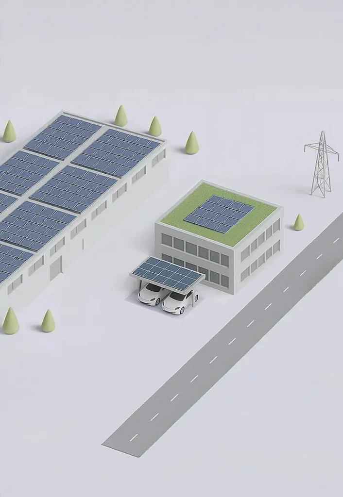 Vereinfachte Darstellung einer Gewerbe-Photovoltaikanlage mit Gründach und Carport