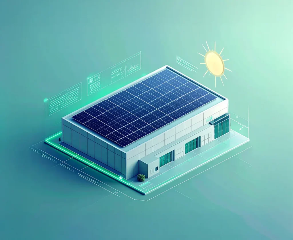PV-Machbarkeitsanalyse: Illustration zeigt Photovoltaik auf Flachdach mit skizzenhaften Berechnungen