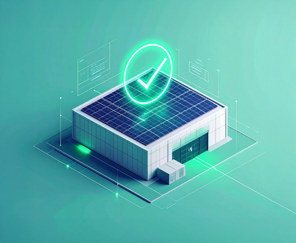 PV-Machbarkeitsanalyse: Illustration zeigt Photovoltaik auf Flachdach mit grünem Checkmark