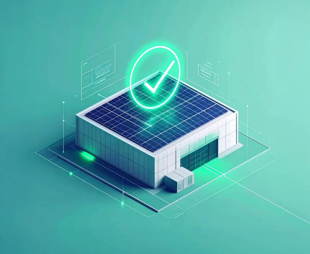 PV-Machbarkeitsanalyse: Illustration zeigt Photovoltaik auf Flachdach mit grünem Checkmark