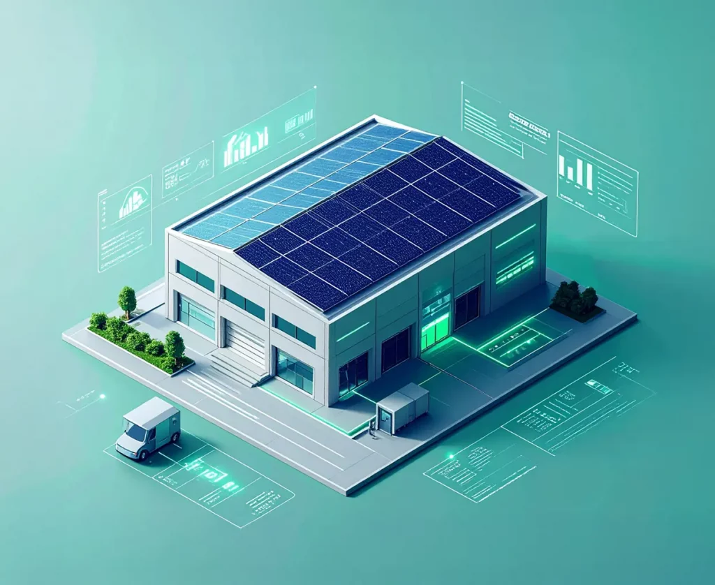 PV-Machbarkeitsanalyse: Illustration zeigt Photovoltaik mit E-Mobilität, Energiespeicher und EMS